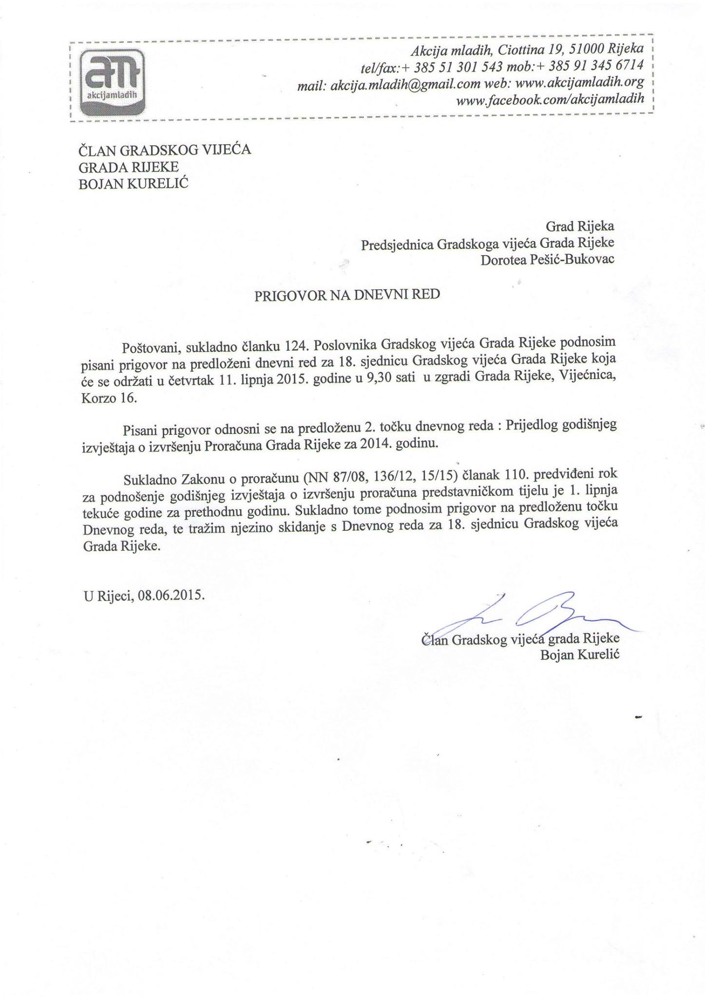 Službeni zahtjev Akcije mladih za izmjenom dnevnog reda