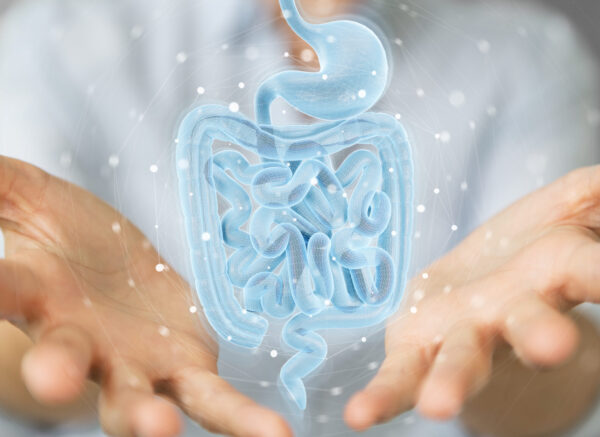 Woman,On,Blurred,Background,Using,Digital,X-ray,Of,Human,Intestine