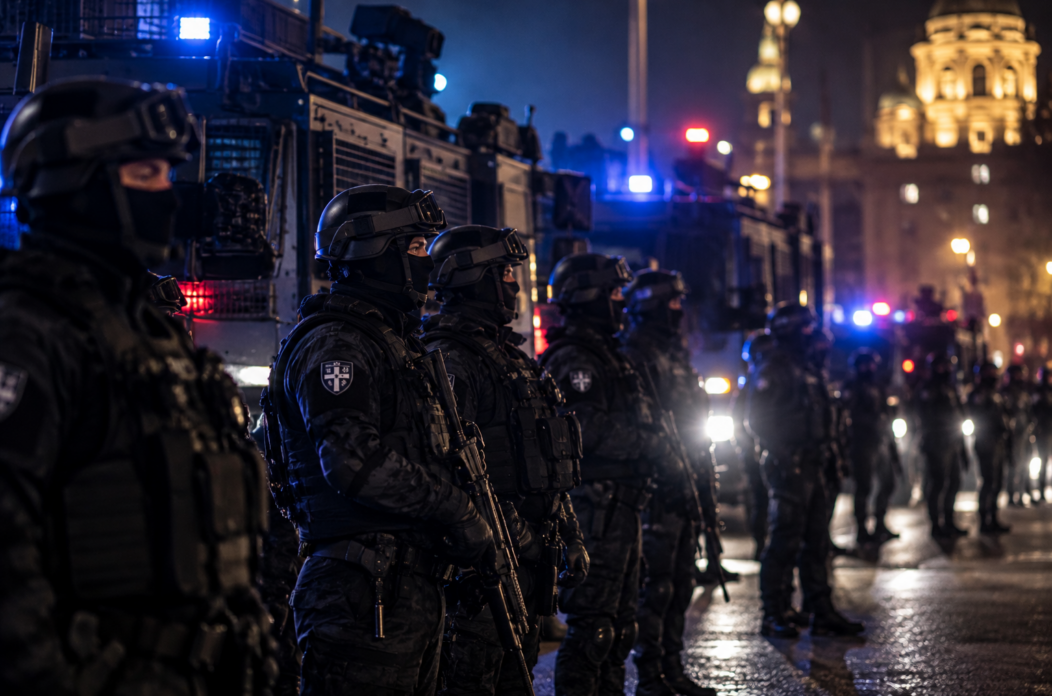 Armored Officers Under City Lights Armored Officers Under City Lights