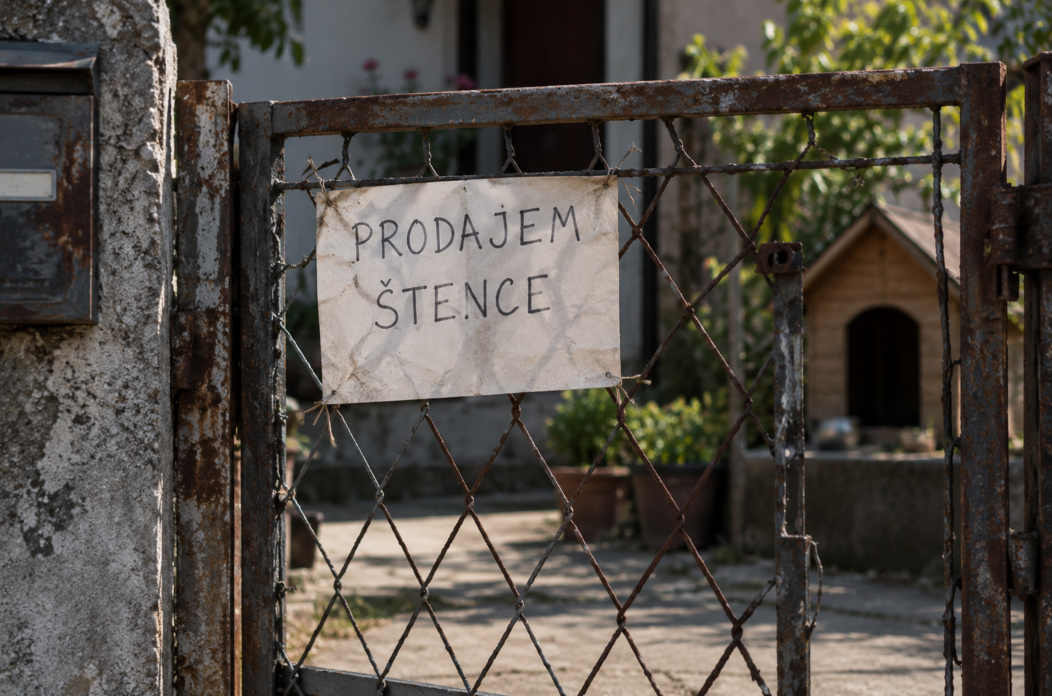 Handwritten Puppy Sale Sign on Rusty Gate